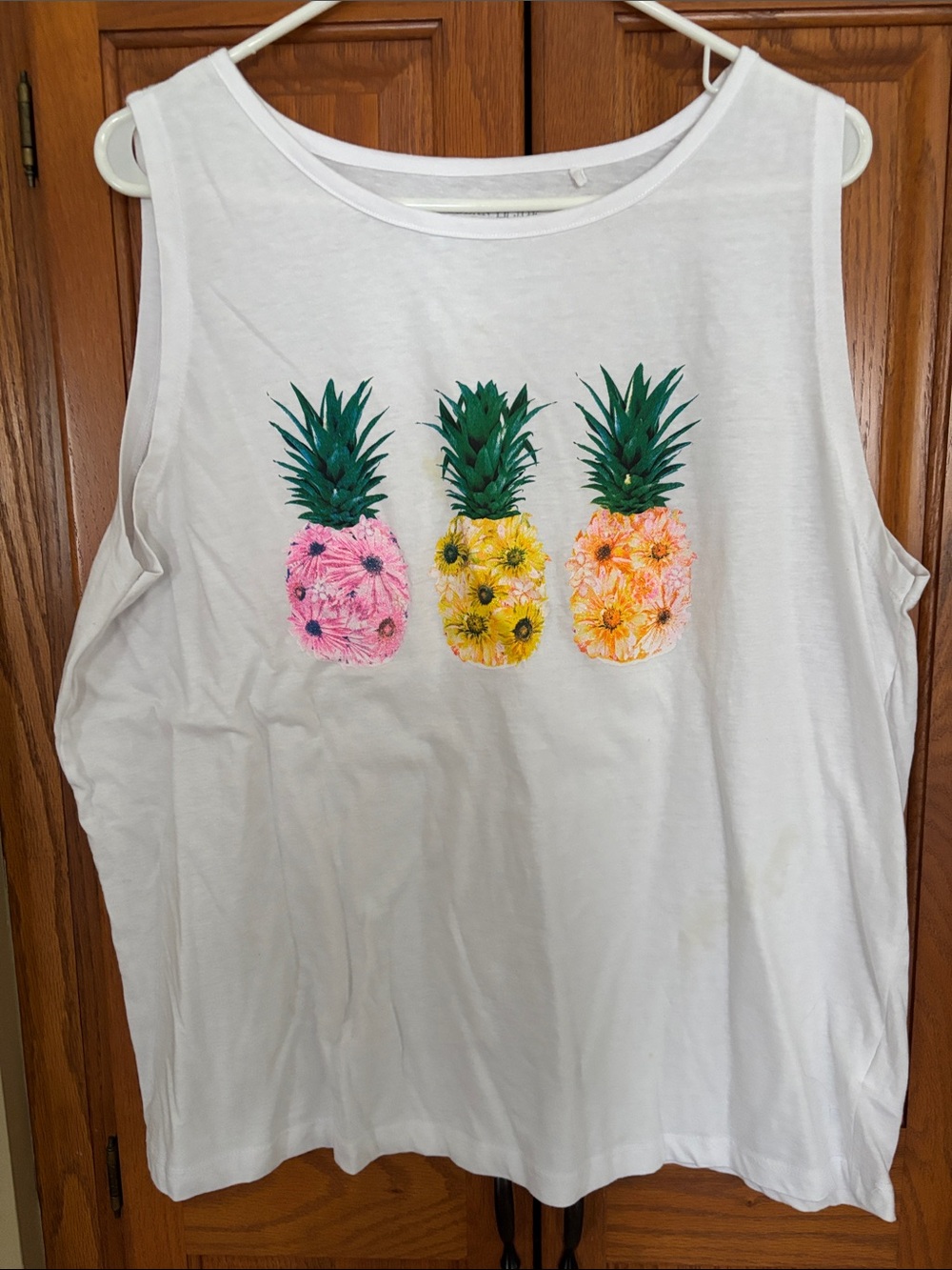 Women’s White Tank Top with Pink, Yellow & Orange Pineapple Print